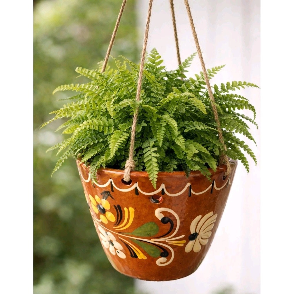 Hand‎ Painted Glaze Hungarian Terracotta Floral Hanging Planter Boho Cottagecore